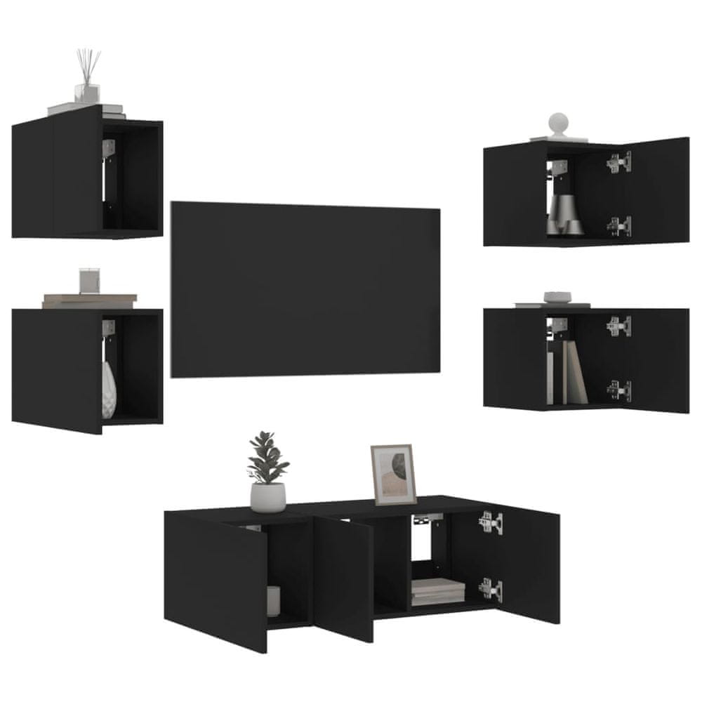 Vidaxl 6-dielne TV nástenné skrinky s LED čierne kompozitné drevo